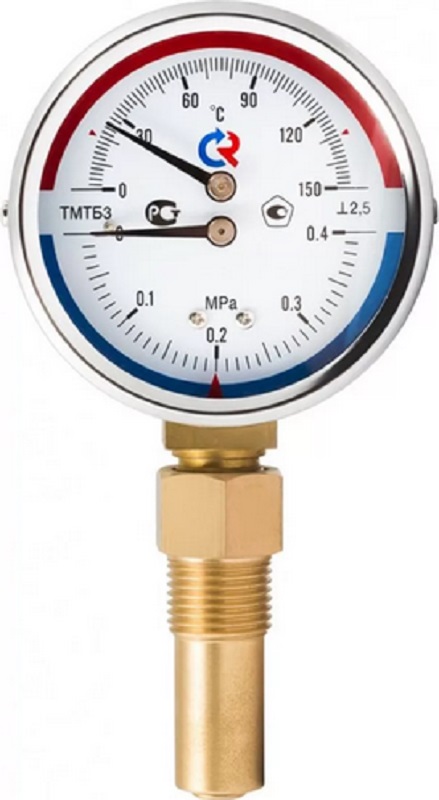 Термоманометр с нижним подключением ТМТБ-31P 150 °С D80 0-10 бар 1/2" РОСМА
