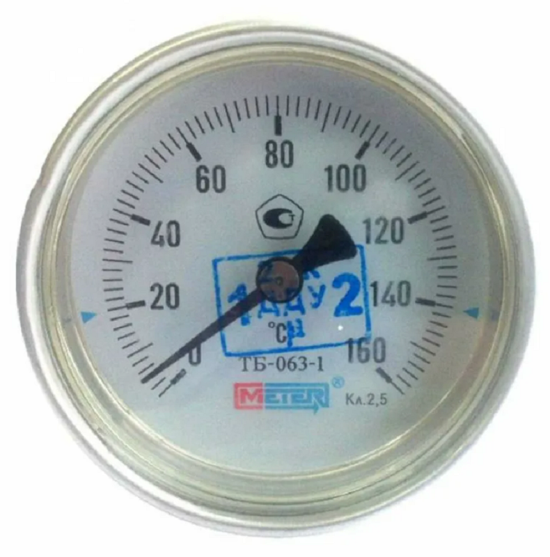 Термометр биметаллический ТБ-063-1 DN 63, 0-160 °С МЕТЕР, длина штока 80 мм, класс точности 2,5
