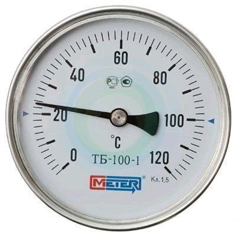 Термометр биметаллический ТБ-100-1 DN 100, 0-120 °С МЕТЕР, длина штока 100 мм, класс точности 1,5