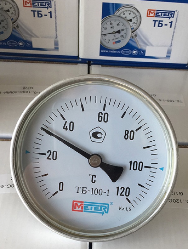 Термометр биметаллический ТБ-100-1 DN 100, 0-160 °С МЕТЕР, длина штока 100 мм, класс точности 1,5