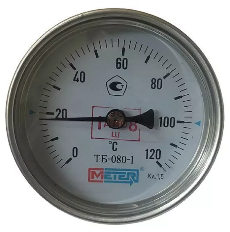 Термометр биметаллический ТБ-080-1 DN 80, 0-120 °С МЕТЕР, длина штока 40 мм, класс точности 1,5
